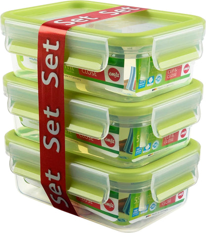 Emsa 515583 Clip & Close Colour 3-piece set of food storage containers 0.55 litres, transparent/green