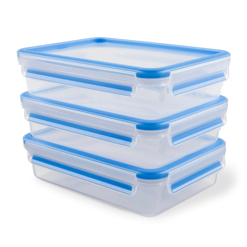 Emsa 515645 Clip & Close 3-piece set of food storage containers, 1.2 litre, transparent/blue