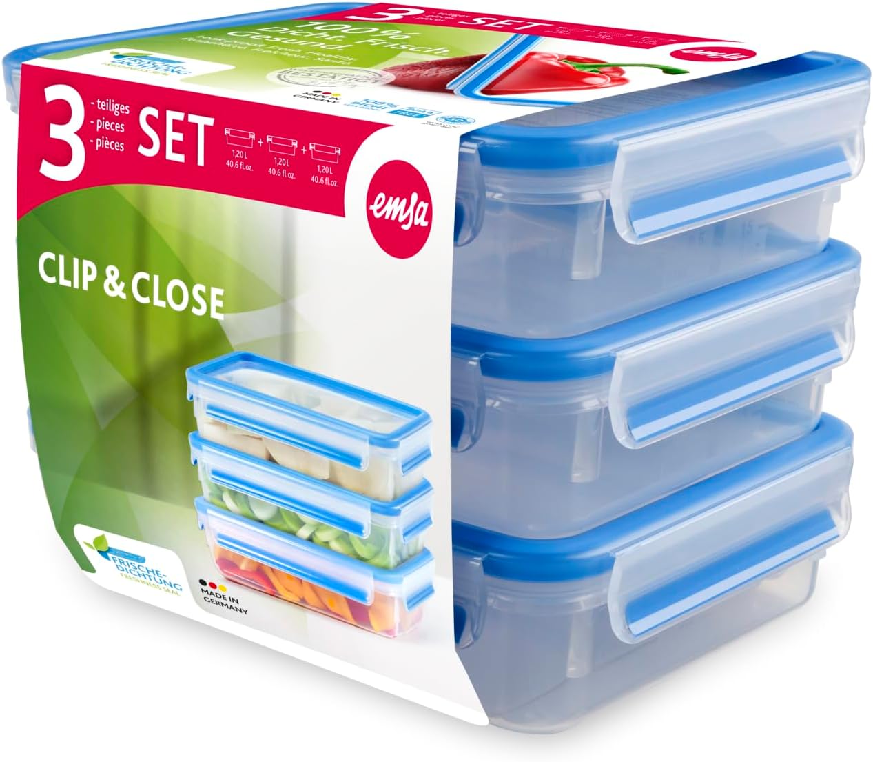 Emsa 515645 Clip & Close 3-piece set of food storage containers, 1.2 litre, transparent/blue