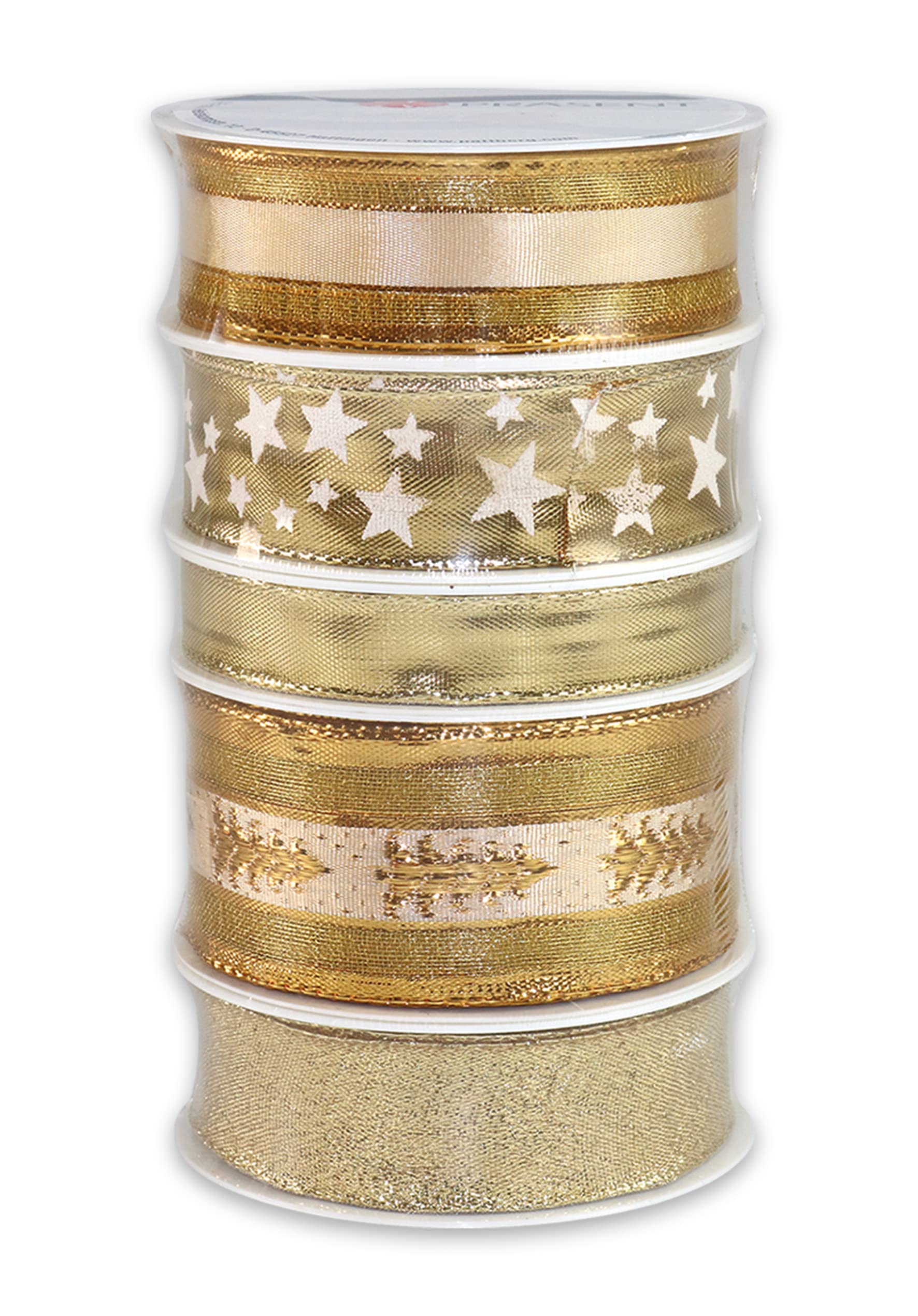 PRÄSENT CHRISTMAS gold Set - Five Different designs, 5 x 3 m Gift Bands For Wrapping And Decorating, different Widths, Fabric Bands For Personalised Wedding And Christmas Presents, Baby Showers