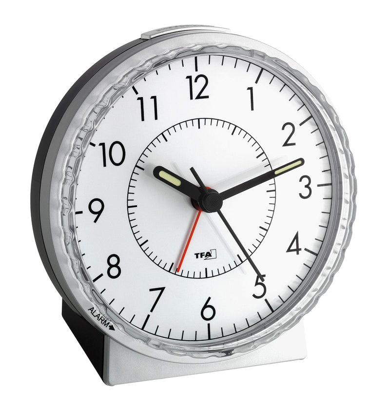 TFA Dostmann Wecker analog, 60.1010, leises Uhrwerk, extra lauter Weckalarm mit Glockenton, Hintergrundbeleuchtung, silber/schwarz, (L) 107 x (B) 78 x (H) 110 mm