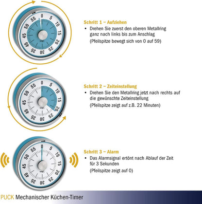 TFA Dostmann Analoger Kurzzeit Timer Puck, 38.1028.10, bis 60min, Eieruhr, Küchentimer, mechanisch, mit Restzeitanzeige, zum Aufziehen, magnetisch, 79 x 32 mm, grau