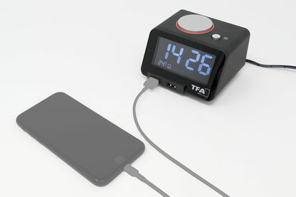 TFA Dostmann Digitalwecker mit USB Ladefunktion, Kunststoff, Schwarz, (L) 103 x (B) 90 x (H) 66 mm