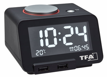 TFA Dostmann Digitalwecker mit USB Ladefunktion, Kunststoff, Schwarz, (L) 103 x (B) 90 x (H) 66 mm