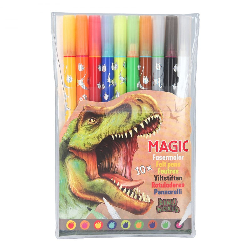 Depesche 11391 Dino World - Stifte-Set im Etui aus 9 Doppel-Fasermalern und einem Magic-Pen für coole Farbveränderungen, Faserstifte mit je einer dünnen und breiten Spitze zum Ausmalen und Gestalten