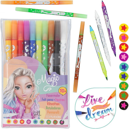 Depesche 11398 TOPModel Double Fibre Set, 1 Magic 9 Felt Pens Each with Two Tips for Writing, Colouring and Decorating, Multicoloured, ca. 17,5 x 11,3 x 1,1 cm