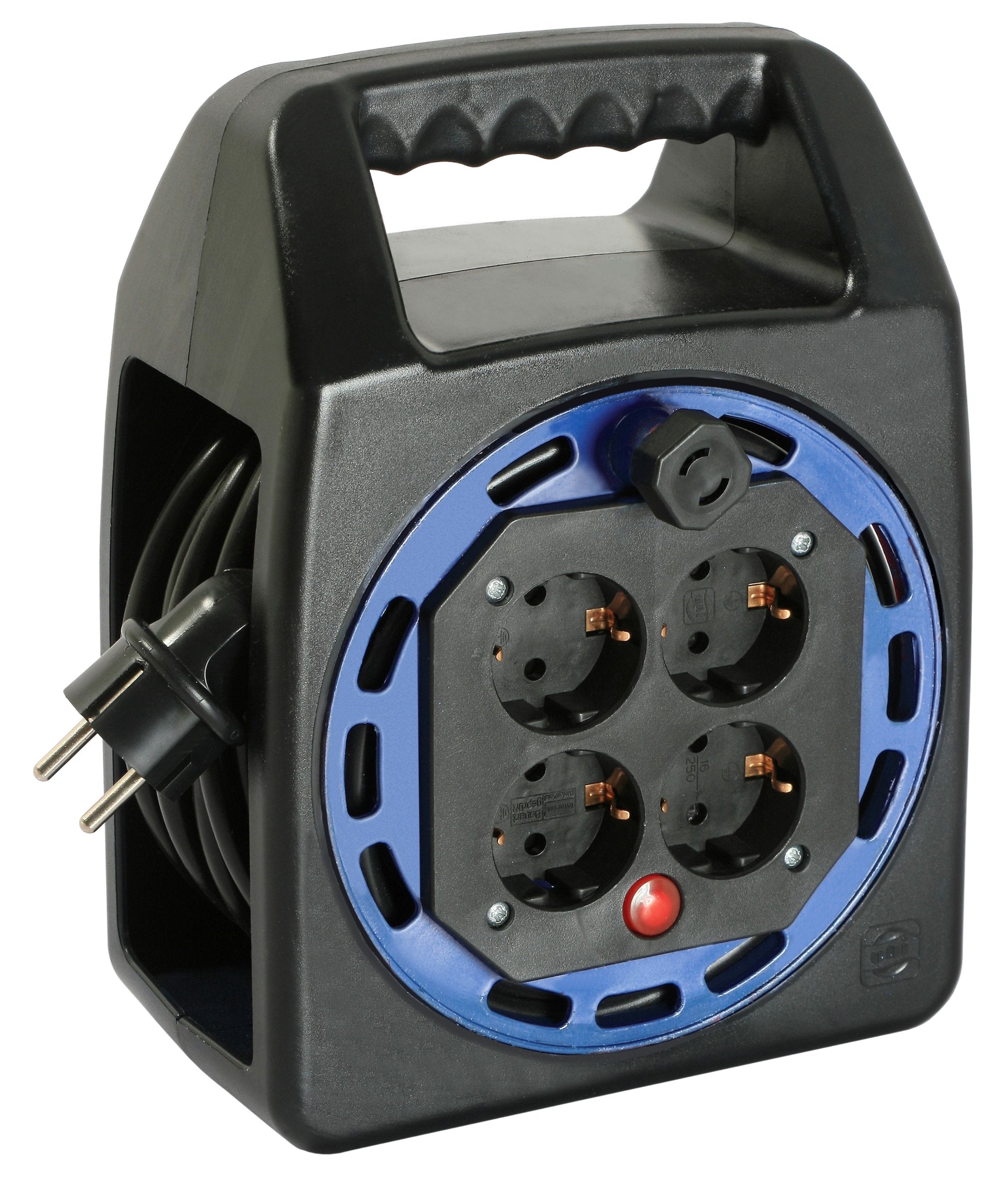 as - Schwabe Kabelbox 10 m H05VV-F 3G1,5 mit Schutzkontaktstecker, 4x Schutzkontaktsteckdosen mit erhöhtem Berührungsschutz, Handkurbel, Kabelführung, 230V/16A, max. 3500W, IP20, Schwarz/Blau, 16410