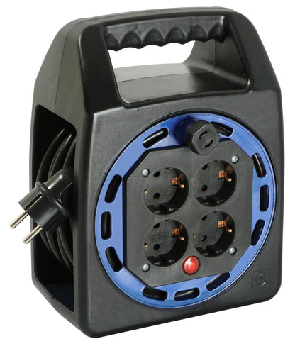 as - Schwabe Kabelbox 10 m H05VV-F 3G1,5 mit Schutzkontaktstecker, 4x Schutzkontaktsteckdosen mit erhöhtem Berührungsschutz, Handkurbel, Kabelführung, 230V/16A, max. 3500W, IP20, Schwarz/Blau, 16410