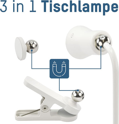 Ansmann 3-in-1 Desk Lamp Clampable LED Table Lamp Fully Dimmable Touch Operation Work Light Rechargeable Type C Including Table Holder, Adhesive Holder, Clamp Holder, 1600-0526, White, Pack of 1