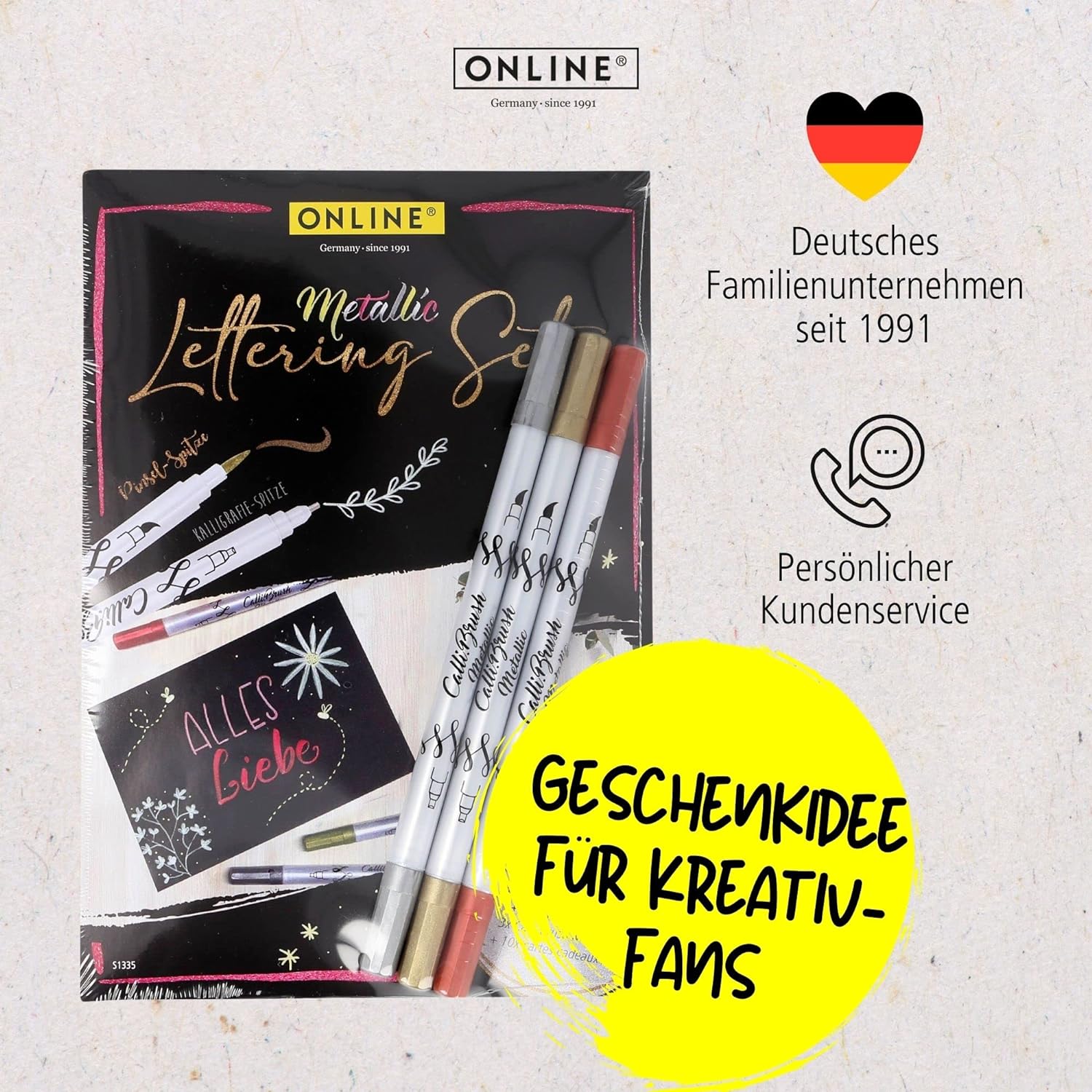 Online Metallic Lettering Set I Calli.Brush Double Tip Pens Gold, Silber, Rot I 10x Geschenk-Karten A6 schwarz I Geschenk Idee für Mädchen I Brushpens mit Pinsel- und Kalligrafie-Spitze