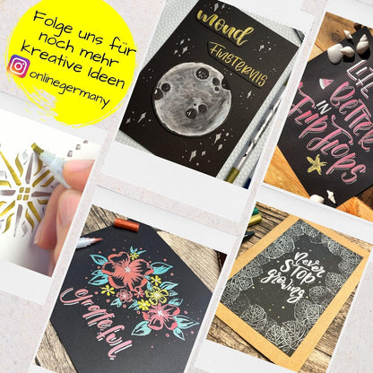 Online Metallic Lettering Set I Calli.Brush Double Tip Pens Gold, Silber, Rot I 10x Geschenk-Karten A6 schwarz I Geschenk Idee für Mädchen I Brushpens mit Pinsel- und Kalligrafie-Spitze