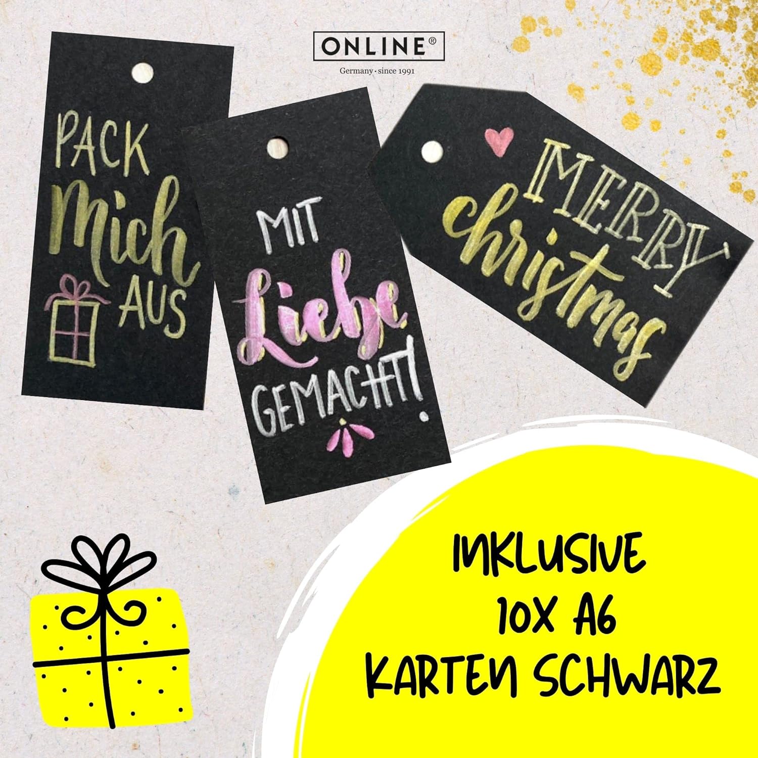 Online Metallic Lettering Set I Calli.Brush Double Tip Pens Gold, Silber, Rot I 10x Geschenk-Karten A6 schwarz I Geschenk Idee für Mädchen I Brushpens mit Pinsel- und Kalligrafie-Spitze