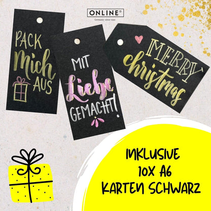 Online Metallic Lettering Set I Calli.Brush Double Tip Pens Gold, Silber, Rot I 10x Geschenk-Karten A6 schwarz I Geschenk Idee für Mädchen I Brushpens mit Pinsel- und Kalligrafie-Spitze