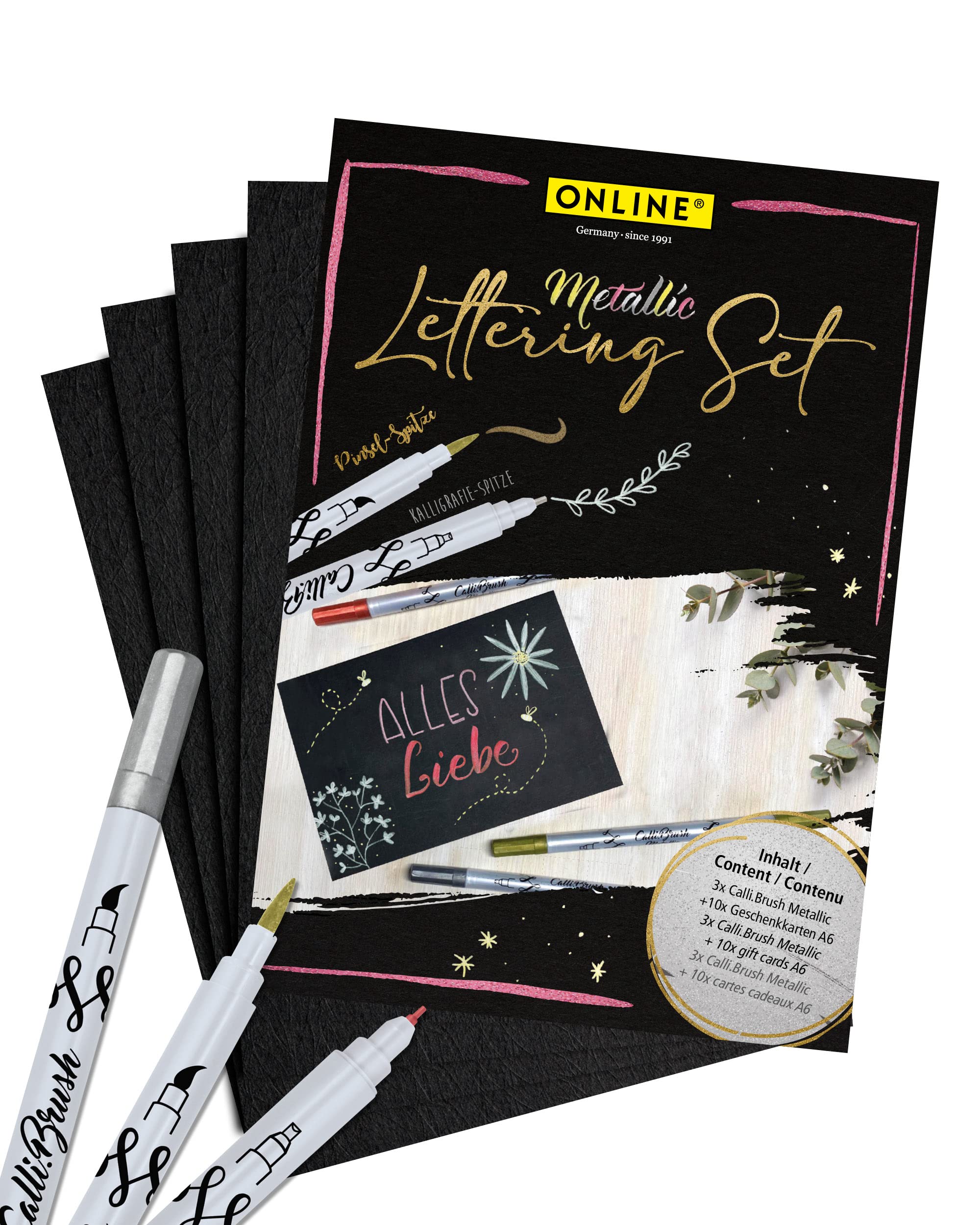 Online Metallic Lettering Set I Calli.Brush Double Tip Pens Gold, Silber, Rot I 10x Geschenk-Karten A6 schwarz I Geschenk Idee für Mädchen I Brushpens mit Pinsel- und Kalligrafie-Spitze