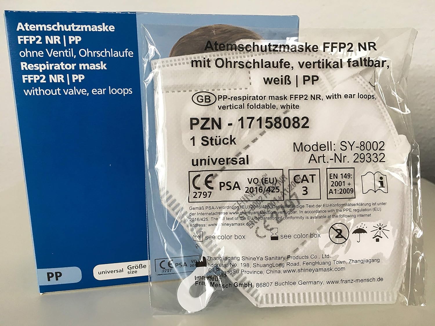 Mensch Atemschutzmaske FFP2 NR, EN 149:2001, ohne Ventil 29332 (Partikelmaske Mundschutz Einwegmaske Einwegmundschutz Staubmaske Filtermaske Feinstaubmaske FFP2-Maske) (Pack à 10 Stück)