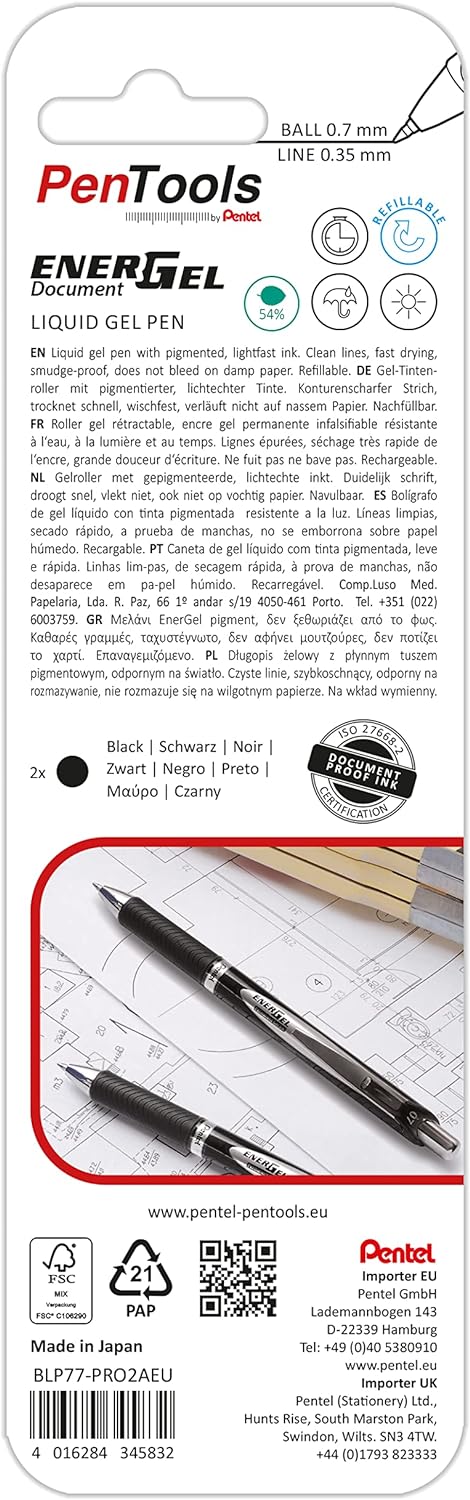 PenTools by Pentel BLP77-PRO2AEU EnerGel Document Gel-Tintenroller, zum Unterzeichnen von Dokumenten, 2 Stück, schwarz, 1 Blister