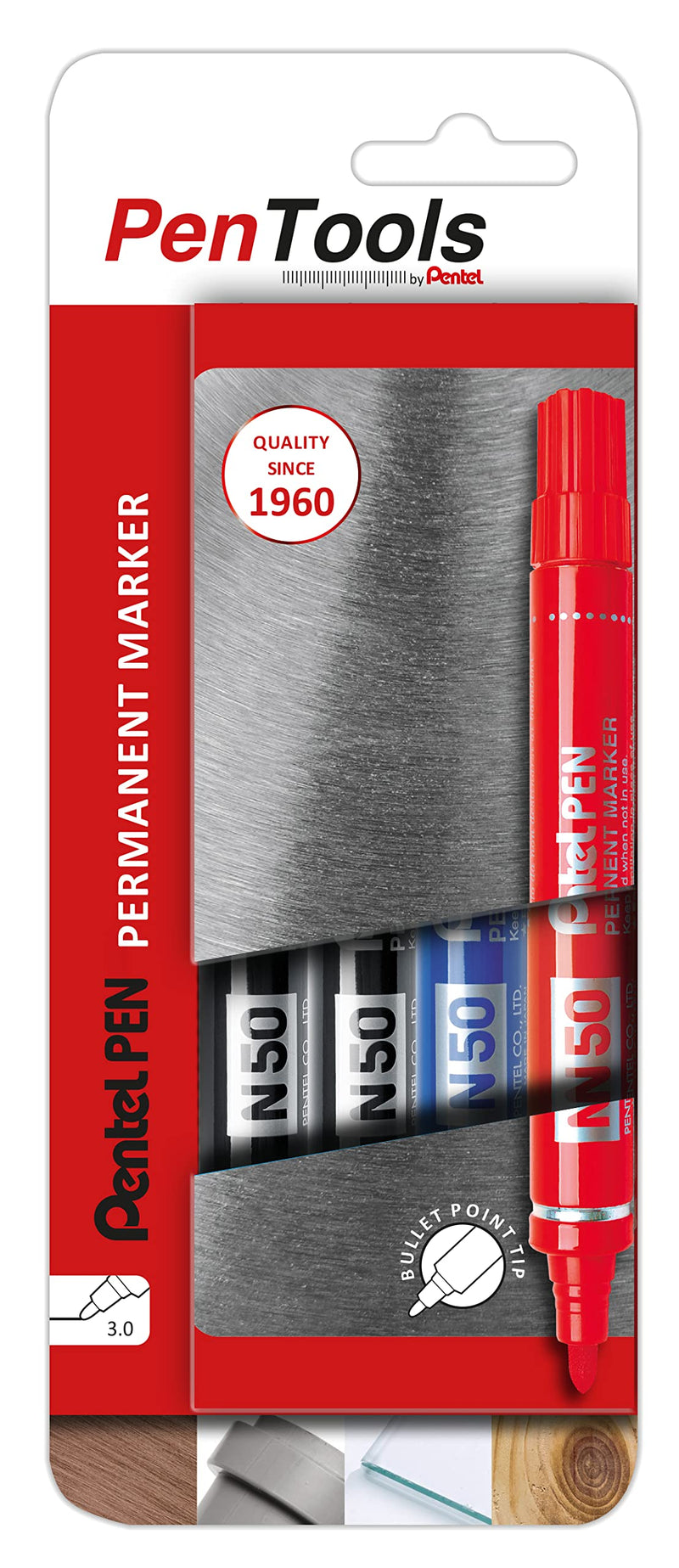 PenTools by Pentel N50 Permanent Marker - Heavy Duty Bullet Tip (3.0mm Line) for Permanent Marking - Pack of 4 - Assorted Colours