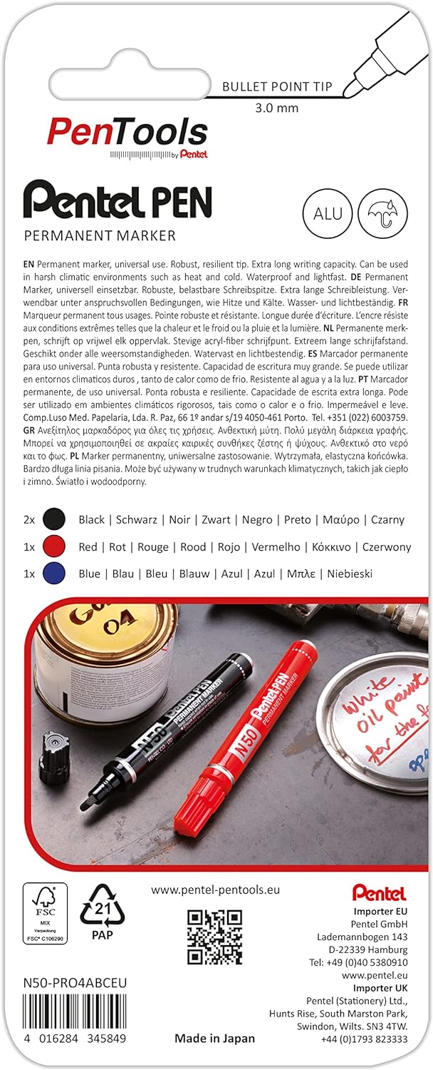 PenTools by Pentel N50 Permanent Marker - Heavy Duty Bullet Tip (3.0mm Line) for Permanent Marking - Pack of 4 - Assorted Colours