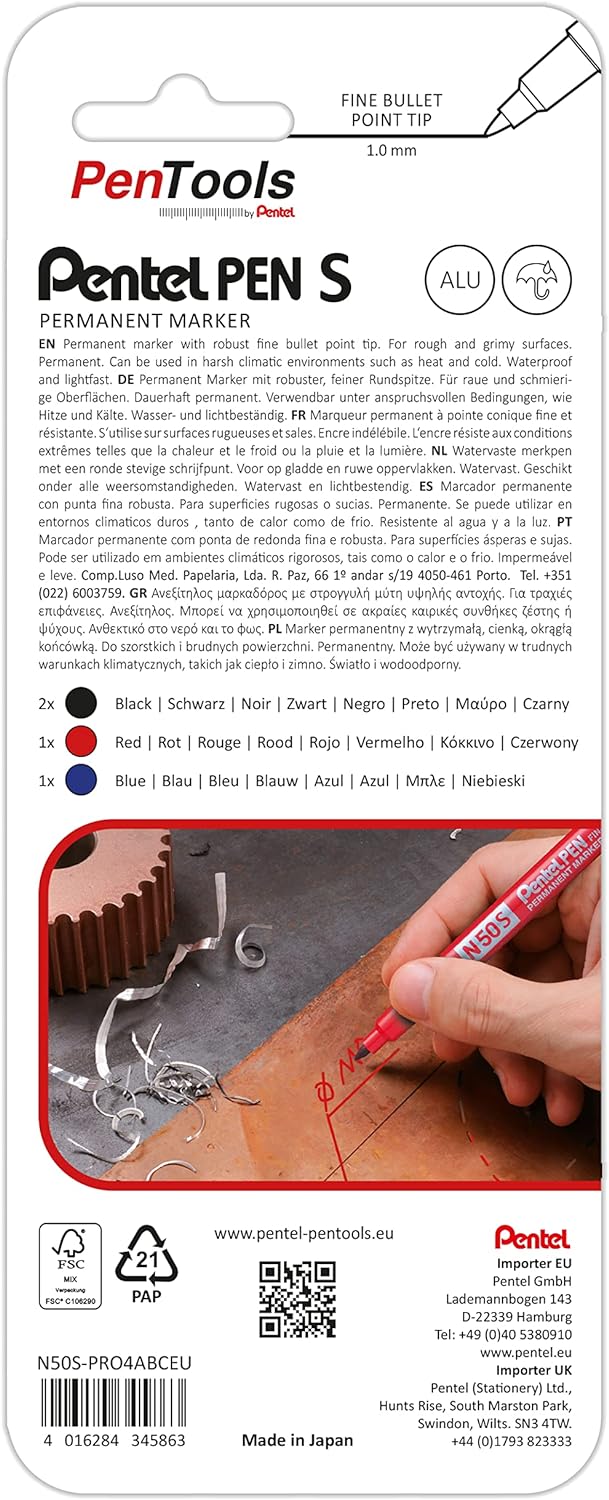 PenTools by Pentel N50S Permanent Marker - Extra Fine Bullet Tip (1.0mm Line) for Precise Marking - Pack of 4 - Assorted Colours