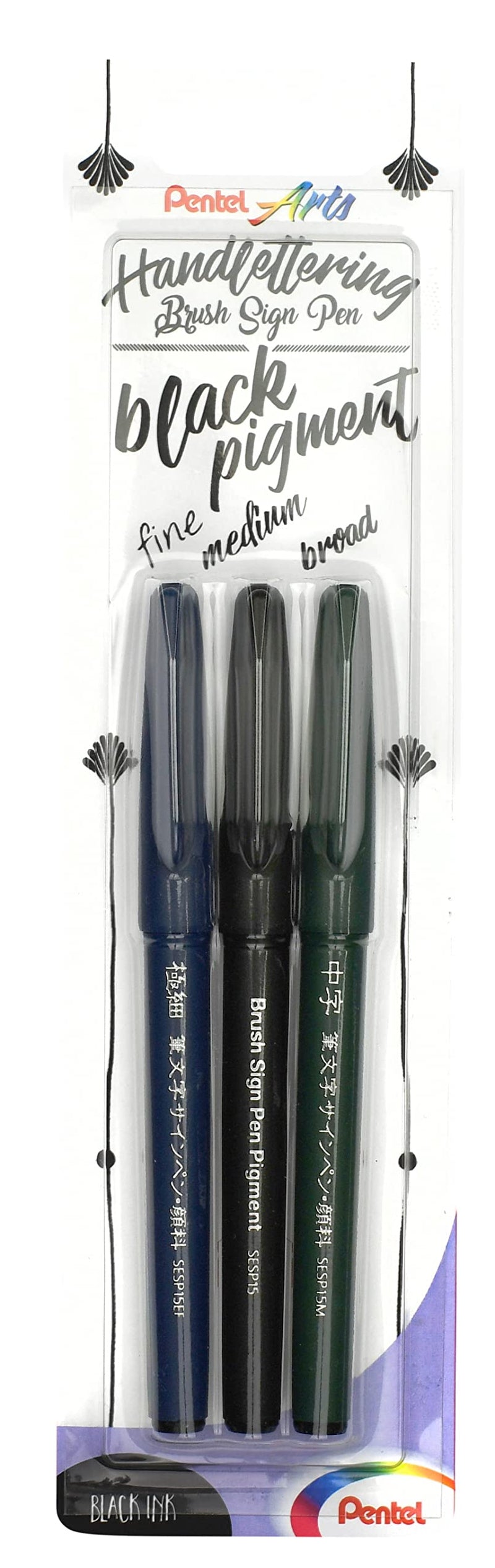 Pentel XSESP15/3 Brush Sign Pen Pigment Black Ink Edition Calligraphy Pen with Flexible Brush Tip, Blister Card with 3 Line Widths, Pigmented Ink, Ink Colour Black