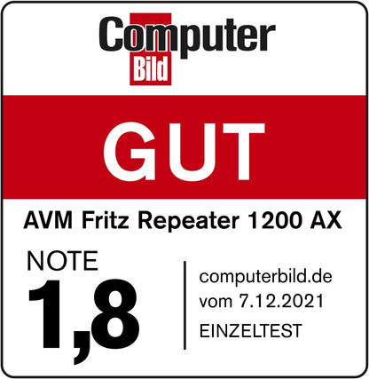 AVM FRITZ! Repeater 1200 AX (Wi-Fi 6 repeater) equipped with two radio units 5 GHz band (up to 2,400 Mbps), 2.4 GHz band (up to 600 Mbps), German-language version
