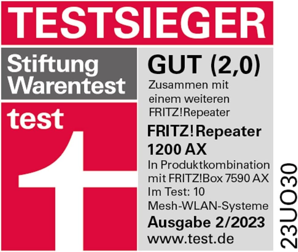 AVM FRITZ! Repeater 1200 AX (Wi-Fi 6 repeater) equipped with two radio units 5 GHz band (up to 2,400 Mbps), 2.4 GHz band (up to 600 Mbps), German-language version
