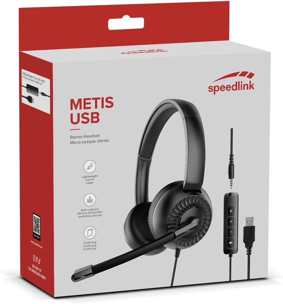 METIS USB Stereo Headset - Lightweight Wired Headset with Microphone and Cable Remote, USB-A and 3.5mm Jack Port, Office and Home Office, Storage Bag