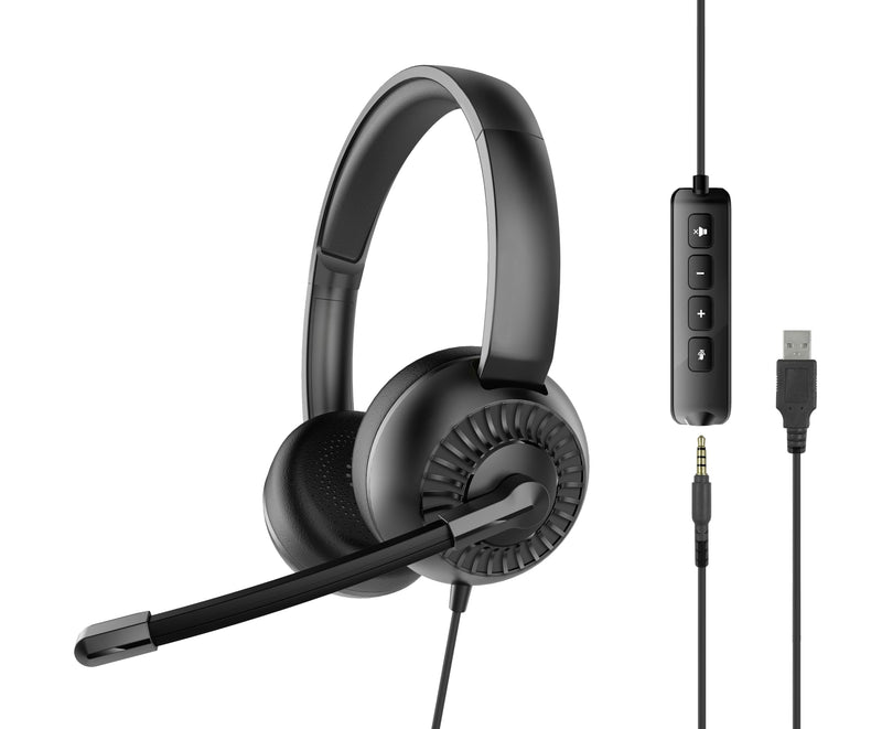 METIS USB Stereo Headset - Lightweight Wired Headset with Microphone and Cable Remote, USB-A and 3.5mm Jack Port, Office and Home Office, Storage Bag