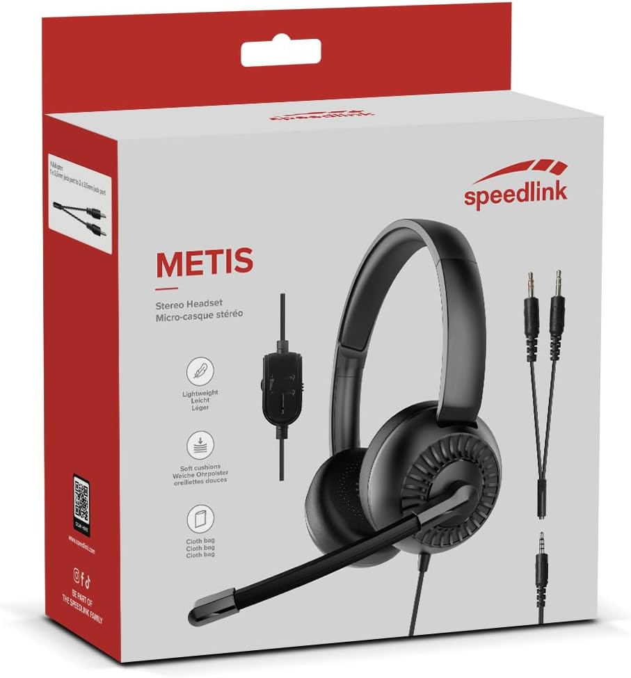 Speedlink METIS USB Stereo Headset - Lightweight Wired Headset with Microphone and Wired Remote Control, USB-A and 3.5 mm Jack, Office and Home Office, Storage Bag