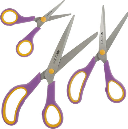 Westcott Soft Grip Scissors 5.5", 3, 8, 20, 1 and 24.7 cm, Stainless Steel Scissors, Purple-Yellow, 3 Pack, N-90029 00, Cassis/Yellow, Set of 3-13.8 cm, 20.1 cm and 24.8 cm