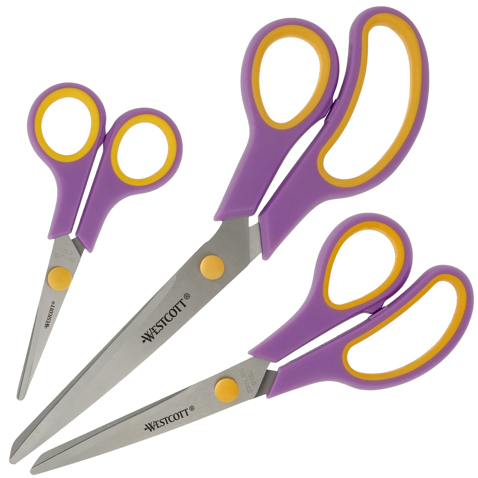 Westcott Soft Grip Scissors 5.5", 3, 8, 20, 1 and 24.7 cm, Stainless Steel Scissors, Purple-Yellow, 3 Pack, N-90029 00, Cassis/Yellow, Set of 3-13.8 cm, 20.1 cm and 24.8 cm