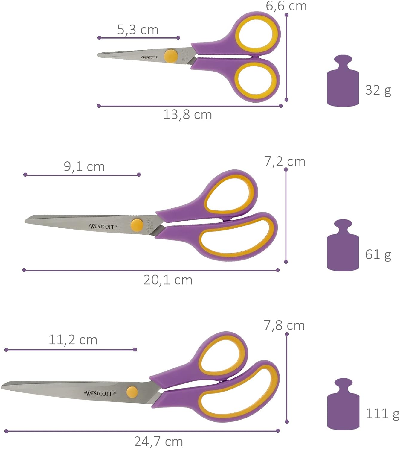 Westcott Soft Grip Scissors 5.5", 3, 8, 20, 1 and 24.7 cm, Stainless Steel Scissors, Purple-Yellow, 3 Pack, N-90029 00, Cassis/Yellow, Set of 3-13.8 cm, 20.1 cm and 24.8 cm
