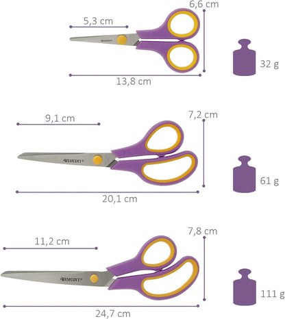 Westcott Soft Grip Scissors 5.5", 3, 8, 20, 1 and 24.7 cm, Stainless Steel Scissors, Purple-Yellow, 3 Pack, N-90029 00, Cassis/Yellow, Set of 3-13.8 cm, 20.1 cm and 24.8 cm