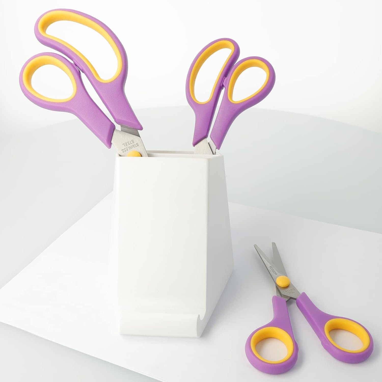 Westcott Soft Grip Scissors 5.5", 3, 8, 20, 1 and 24.7 cm, Stainless Steel Scissors, Purple-Yellow, 3 Pack, N-90029 00, Cassis/Yellow, Set of 3-13.8 cm, 20.1 cm and 24.8 cm