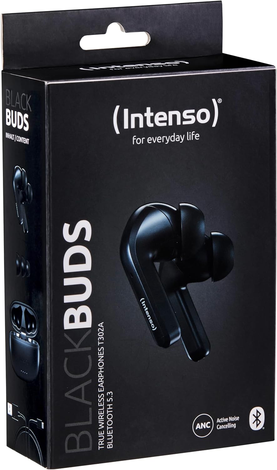 Intenso Black Buds - TWS True Wireless Kopfhörer T300A mit Active Noise Cancelling und bis zu 35 Std. Musikwiedergabe, klein