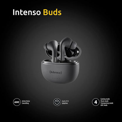 Intenso Black Buds - TWS True Wireless Kopfhörer T300A mit Active Noise Cancelling und bis zu 35 Std. Musikwiedergabe, klein