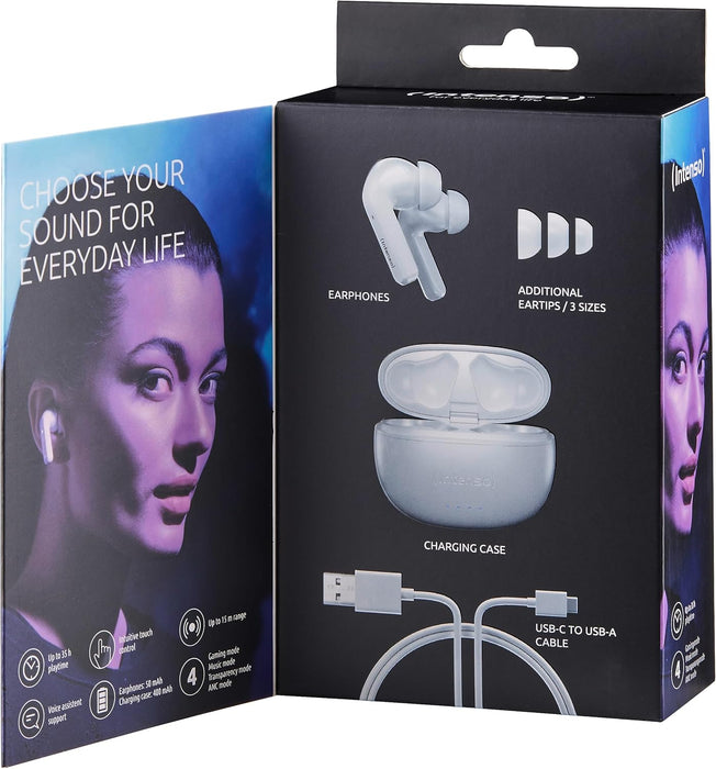 Intenso White Buds - TWS True Wireless Kopfhörer T302A mit Active Noise Cancelling und bis zu 35 Std. Musikwiedergabe, klein