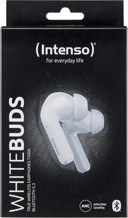 Intenso White Buds - TWS True Wireless Kopfhörer T302A mit Active Noise Cancelling und bis zu 35 Std. Musikwiedergabe, klein