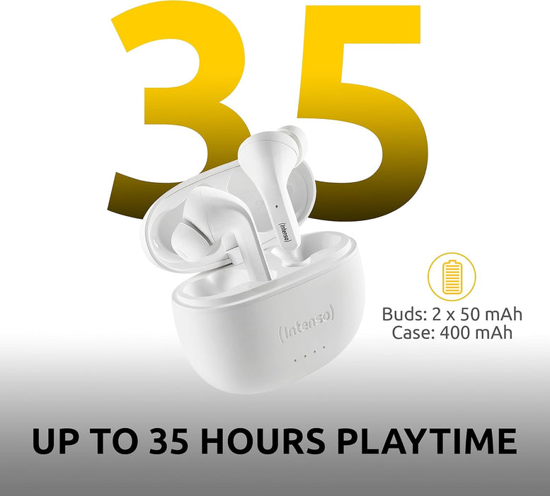 Intenso White Buds - TWS True Wireless Kopfhörer T302A mit Active Noise Cancelling und bis zu 35 Std. Musikwiedergabe, klein