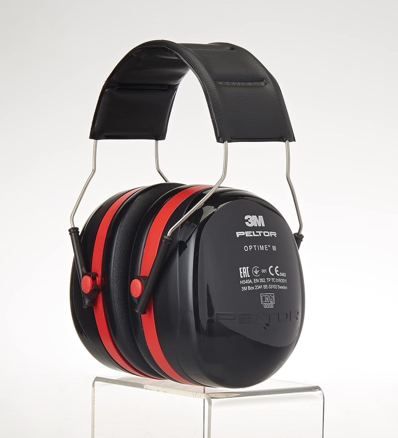 3M Peltor Optime III Ear Defenders Adults – Protective Earmuffs with Headband, Hearing Protection Against High Noise Levels in Industrial Settings, 35 dB, Black/Red