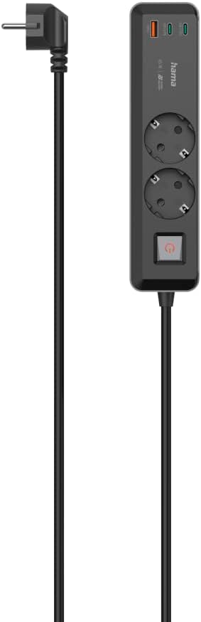 Hama Power Strip, 2 Sockets, USB-C/A 65W, PD, Switch, 1.4 m, N/Grey