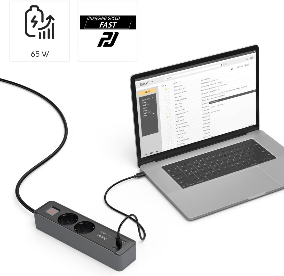 Hama Power Strip, 2 Sockets, USB-C/A 65W, PD, Switch, 1.4 m, N/Grey