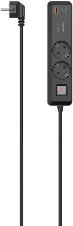 Hama Power Strip, 2 Sockets, USB-C/A 65W, PD, Switch, 1.4 m, N/Grey