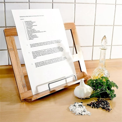 Relaxdays Kochbuchhalter Bambus H x B x T: ca. 24 x 32 x 18 cm Buchstütze für Küche und Büro Rezepthalter mit 3 Neigungsstufen als Buchstütze und Leseständer Kochbuchständer mit Seitenhalter, natur