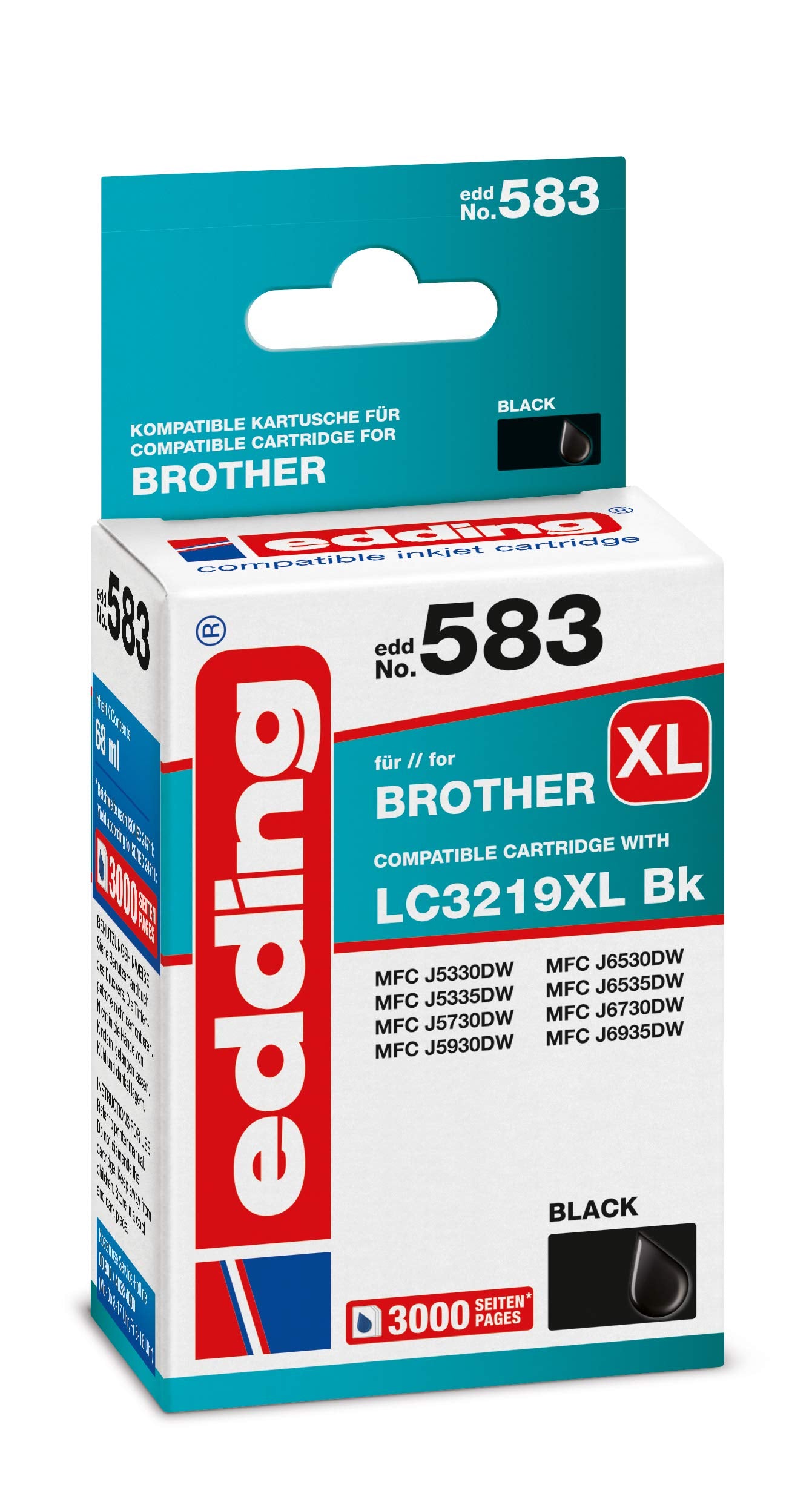 edding Druckerpatrone EDD-583 - Einzelpatrone - Schwarz - 68 ml - Reichweite 3000 Seiten - Ersetzt Brother LC3219XLBk
