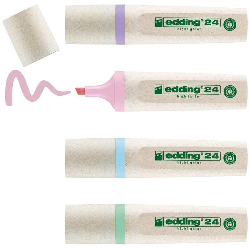 Edding 24 EcoLine highlighter - 4 highlighters in pastel colours - chisel nip 2-5 mm - for quick and easy marking and highlighting of texts and notes - refillable, made of recyclable material