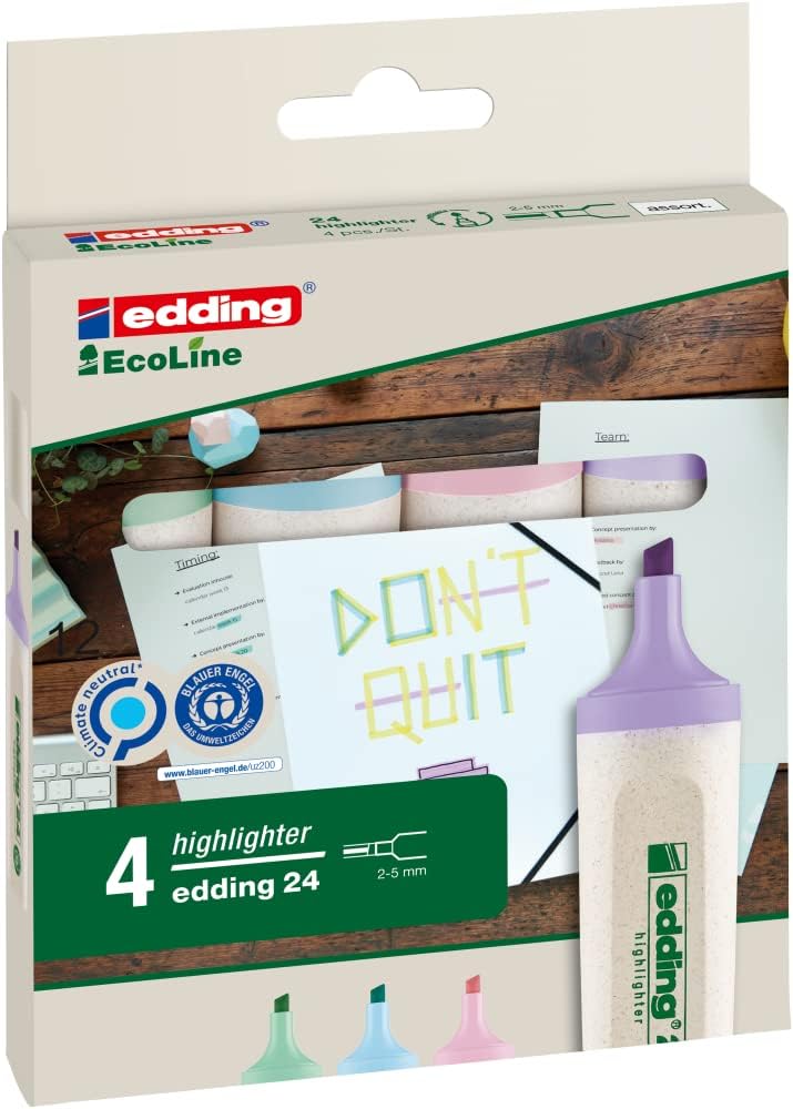 Edding 24 EcoLine highlighter - 4 highlighters in pastel colours - chisel nip 2-5 mm - for quick and easy marking and highlighting of texts and notes - refillable, made of recyclable material