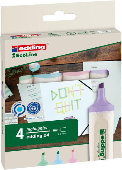 Edding 24 EcoLine highlighter - 4 highlighters in pastel colours - chisel nip 2-5 mm - for quick and easy marking and highlighting of texts and notes - refillable, made of recyclable material