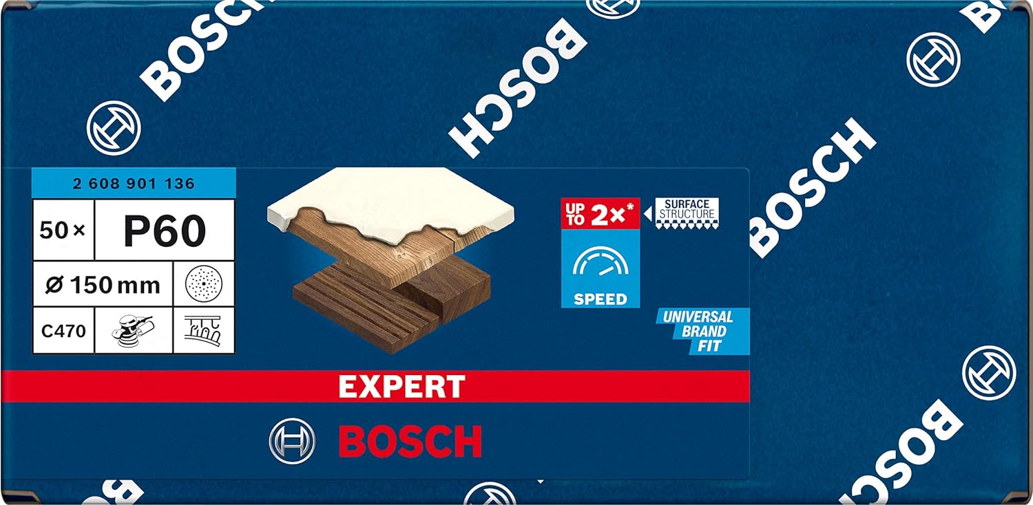 Bosch Accessories Bosch Professional 50x Schleifpapier Expert C470 mit 6 Löchern (für Hartholz, Farbe auf Holz, Ø 150 mm, Körnung 60, Zubehör Exzenterschleifer) Ø 150 mm Körnung 60 50 Stück 6 Löcher