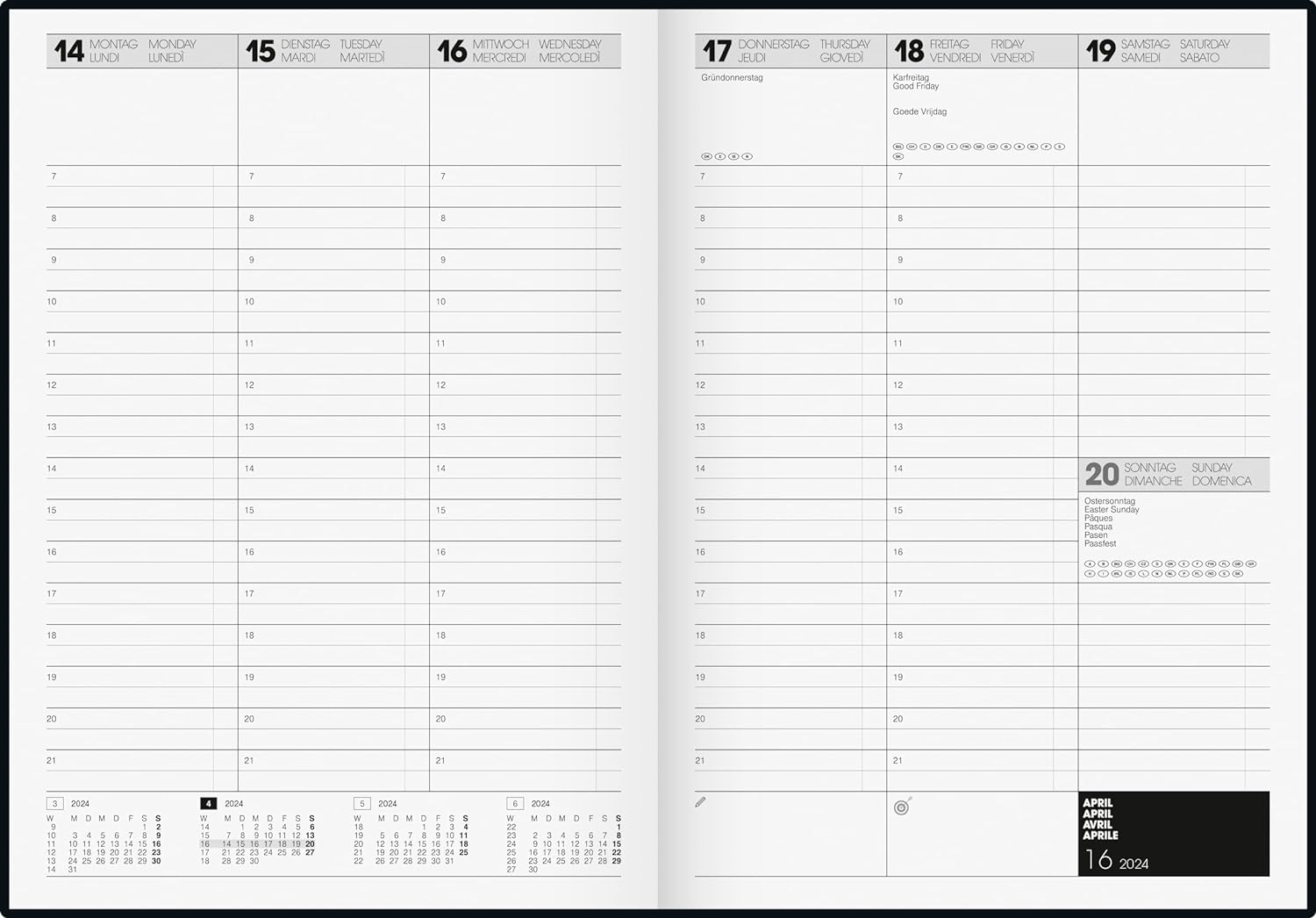 BRUNNEN 1072440904 Wochenkalender Buchkalender TimeCenter 2024 TimeCenter Modell 724 2 Seiten = 1 Woche Blattgröße 21 x 29,7 cm A4 Baladek-Einband schwarz